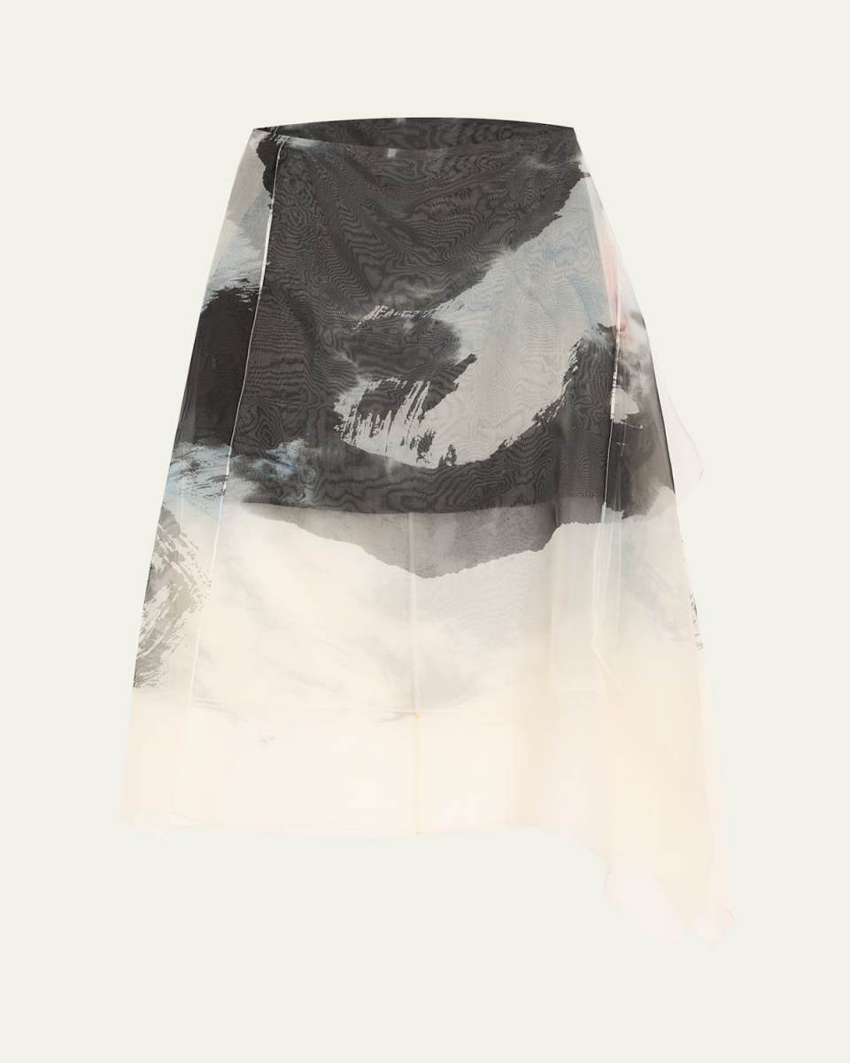 Asymmetric Silk Organza Midi Skirt With Artwork By Tong